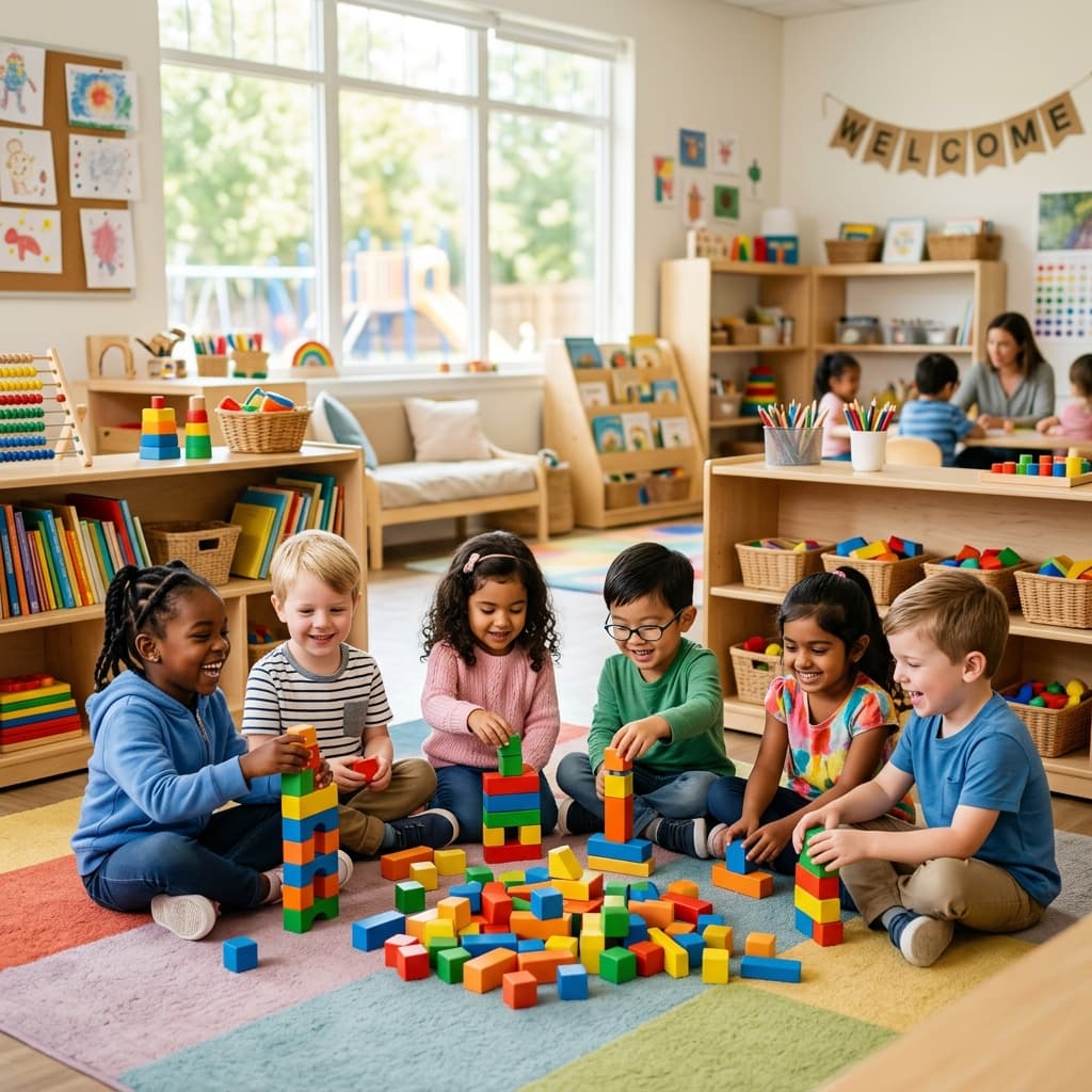 Happy diverse preschool children playing with building blocks